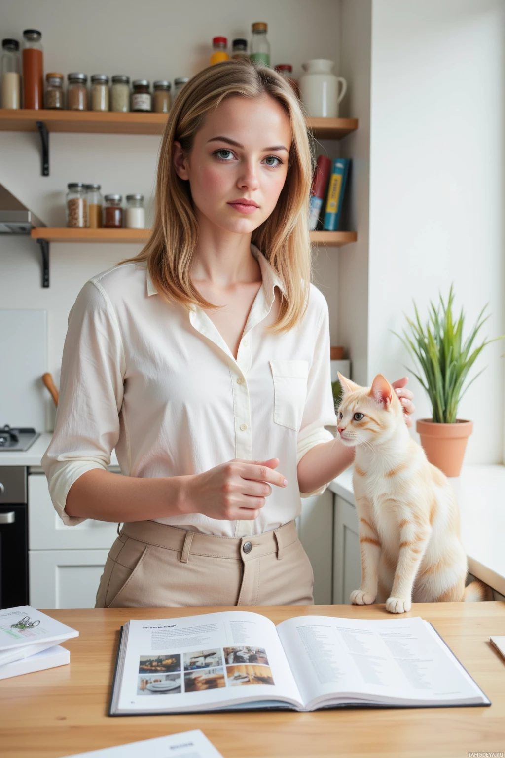 A woman in a white blouse stands in a kitchen with a cat on the counter.
