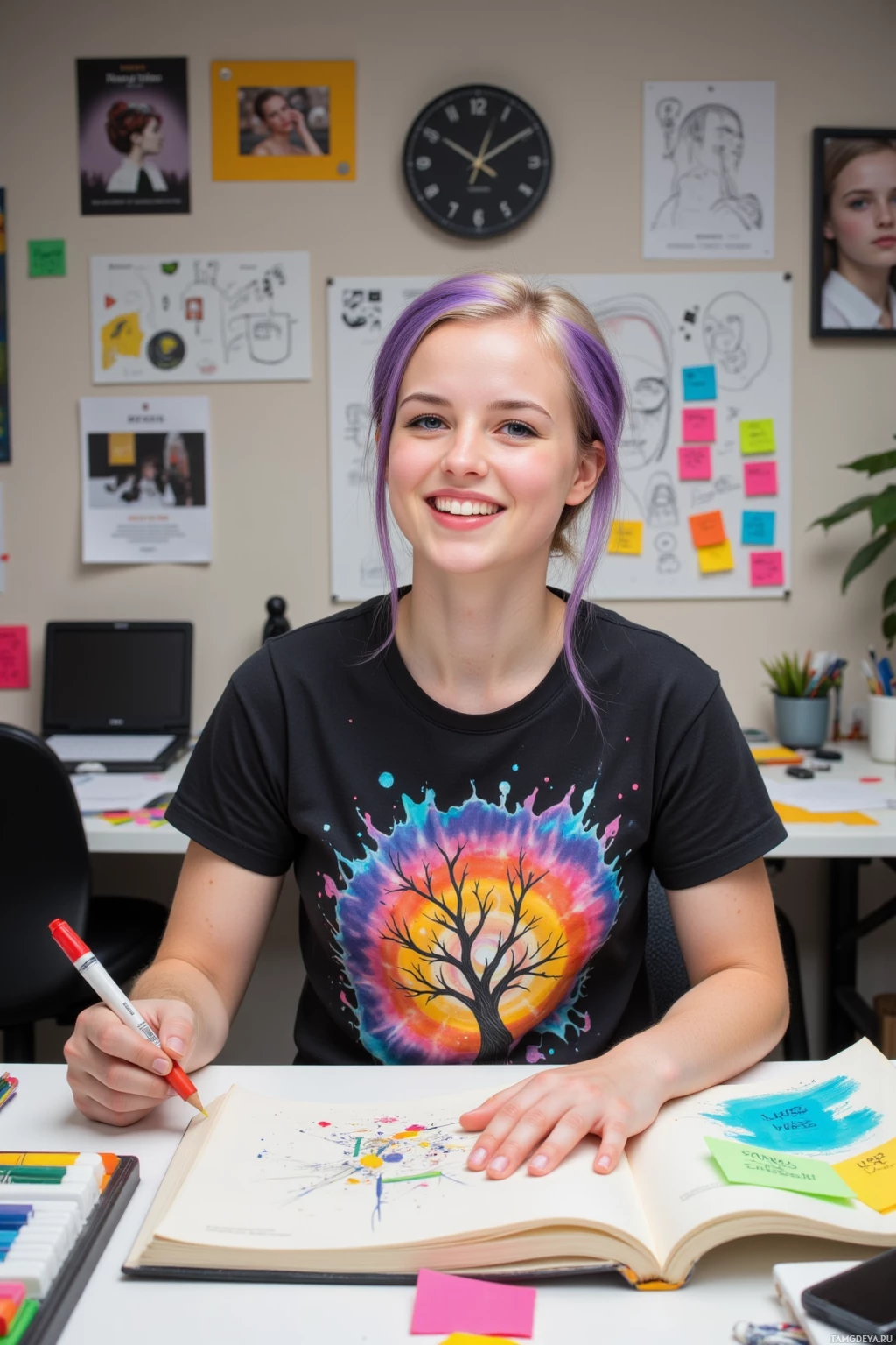 A person with purple hair sits at a desk, holding a marker and working on a colorful drawing in a notebook.
