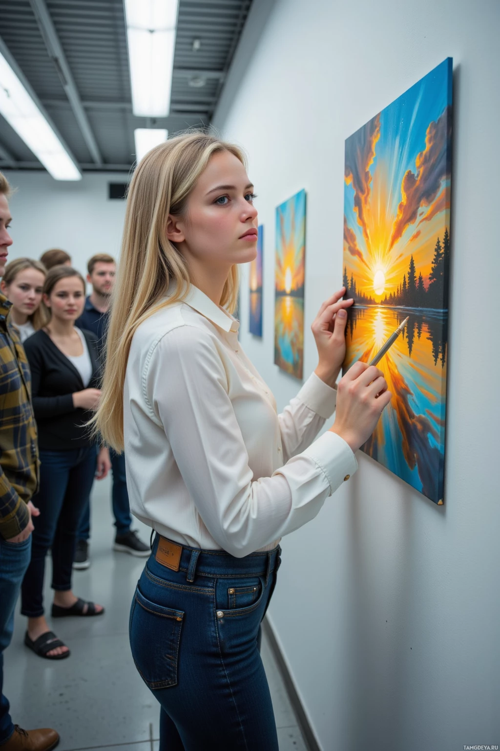 A woman in a white shirt and jeans stands in an art gallery, observing a painting of a sunrise.