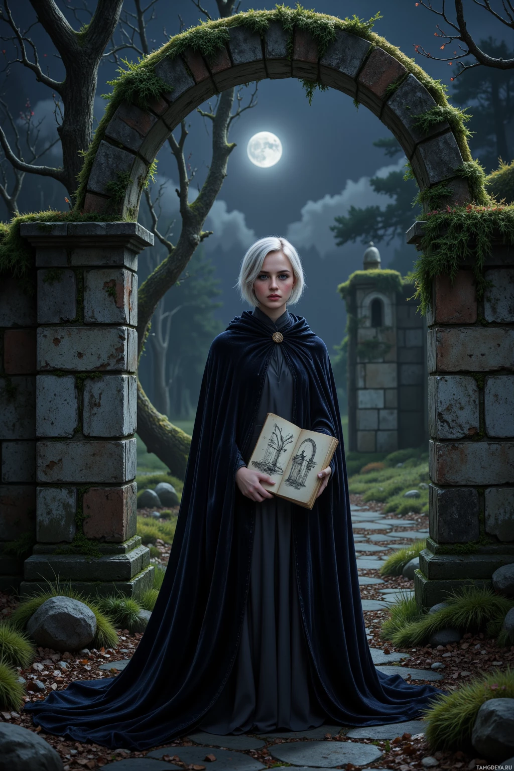 A woman in a dark cloak stands under a moss-covered archway, holding an open book, with a full moon and misty forest in the background.