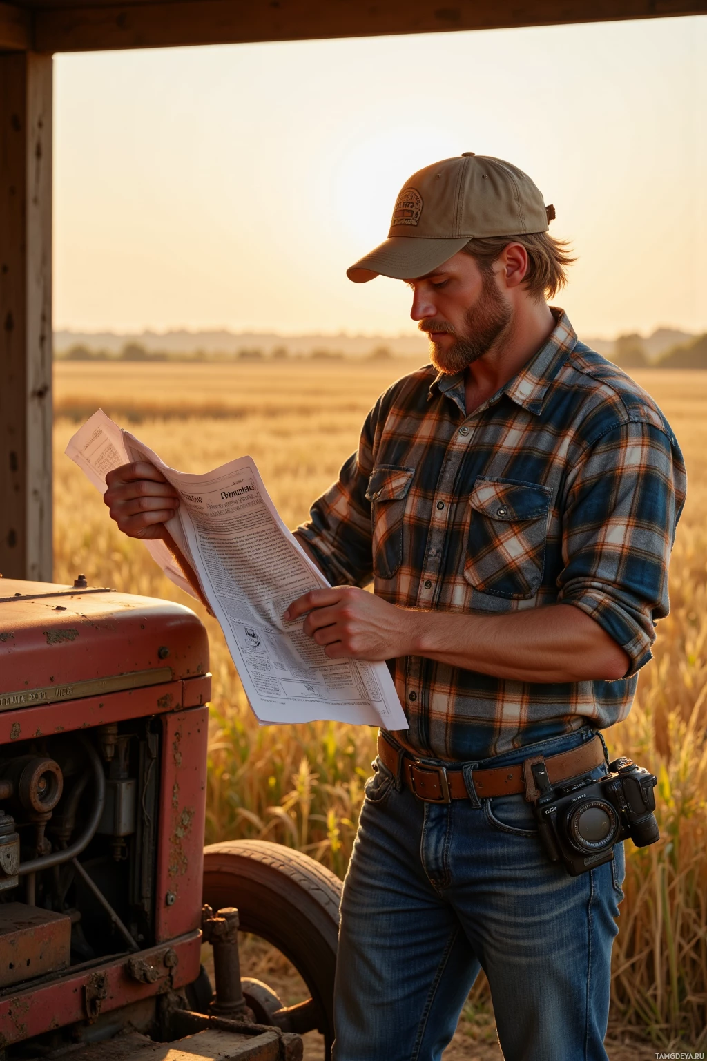 A man in a plaid shirt and cap stands beside a tractor, reading a newspaper in a field at sunset.