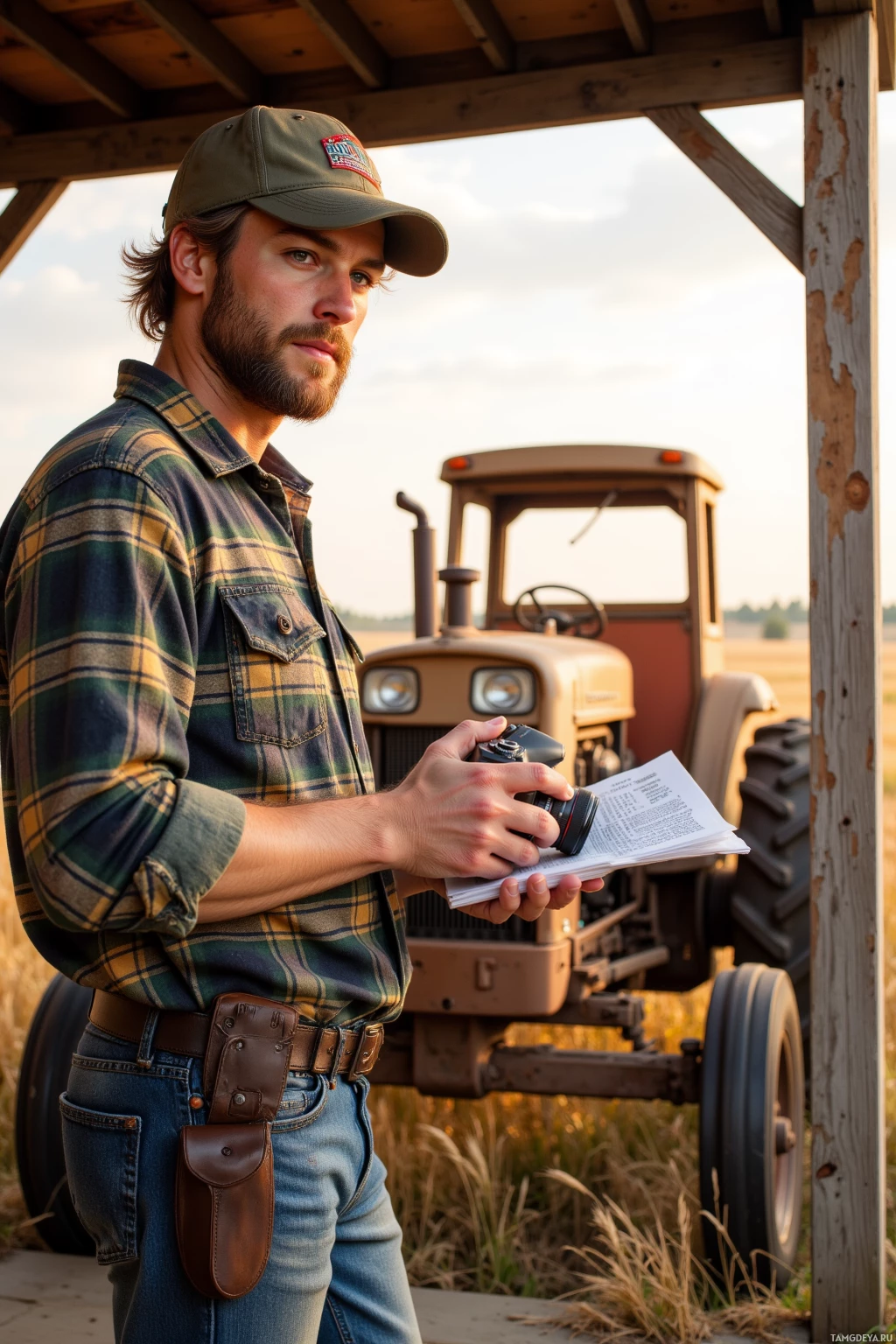 A man in a plaid shirt and cap stands near a tractor, holding a camera and a document.