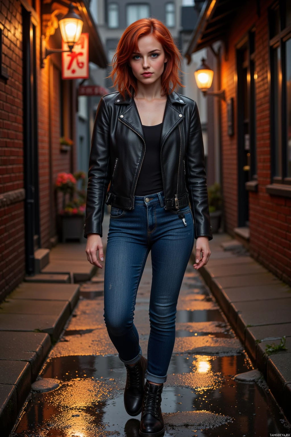 A woman in a leather jacket and jeans walks down a wet alleyway at dusk.