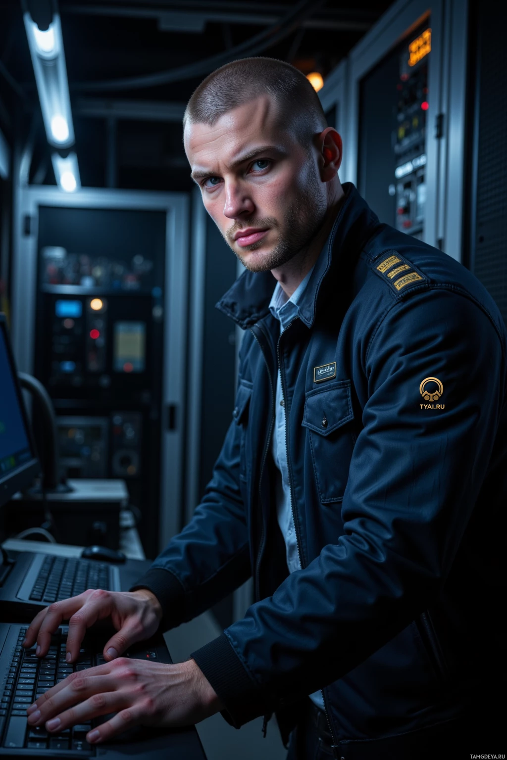 A man in a dark jacket is working on a laptop in a dimly lit room with control panels.