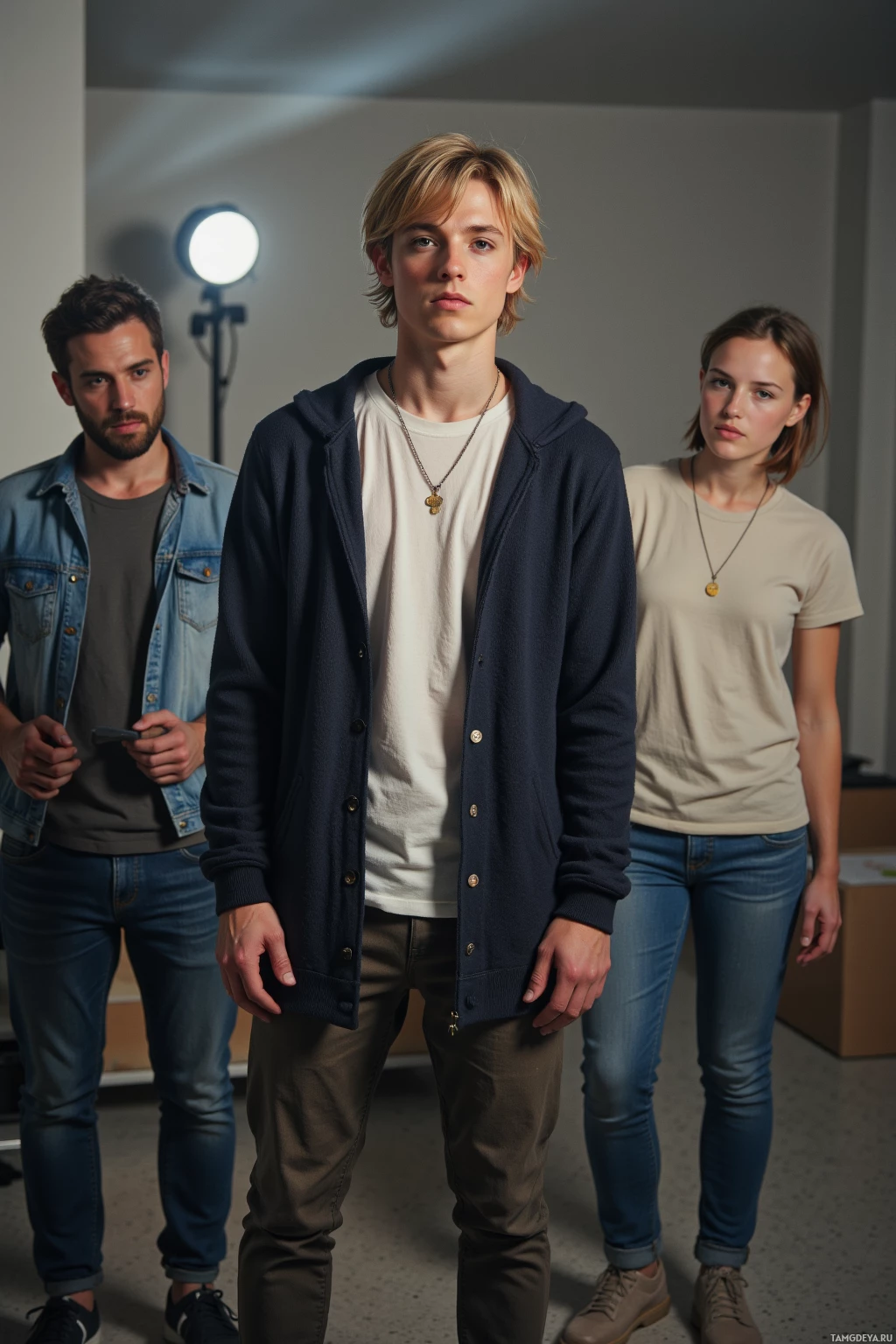 Three individuals stand in a room, dressed casually, with one person in the foreground and two in the background.