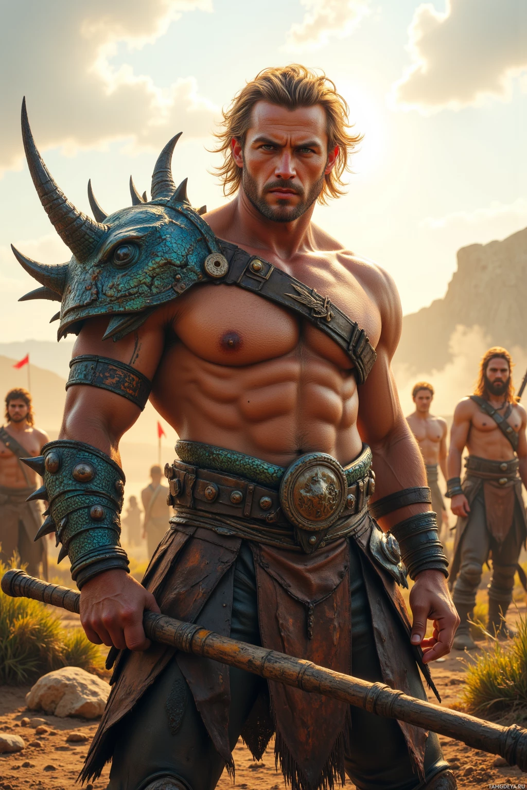 A muscular warrior in a rugged, ancient outfit stands in a desert landscape, holding a staff.