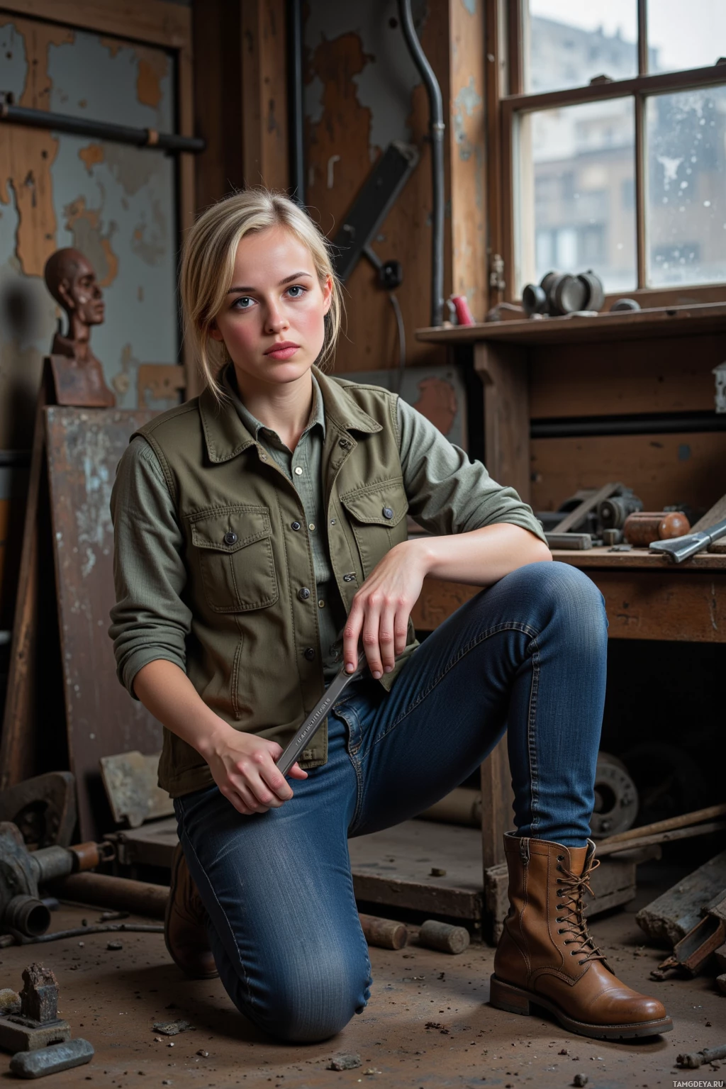 A woman in a workshop setting, kneeling and holding a tool.