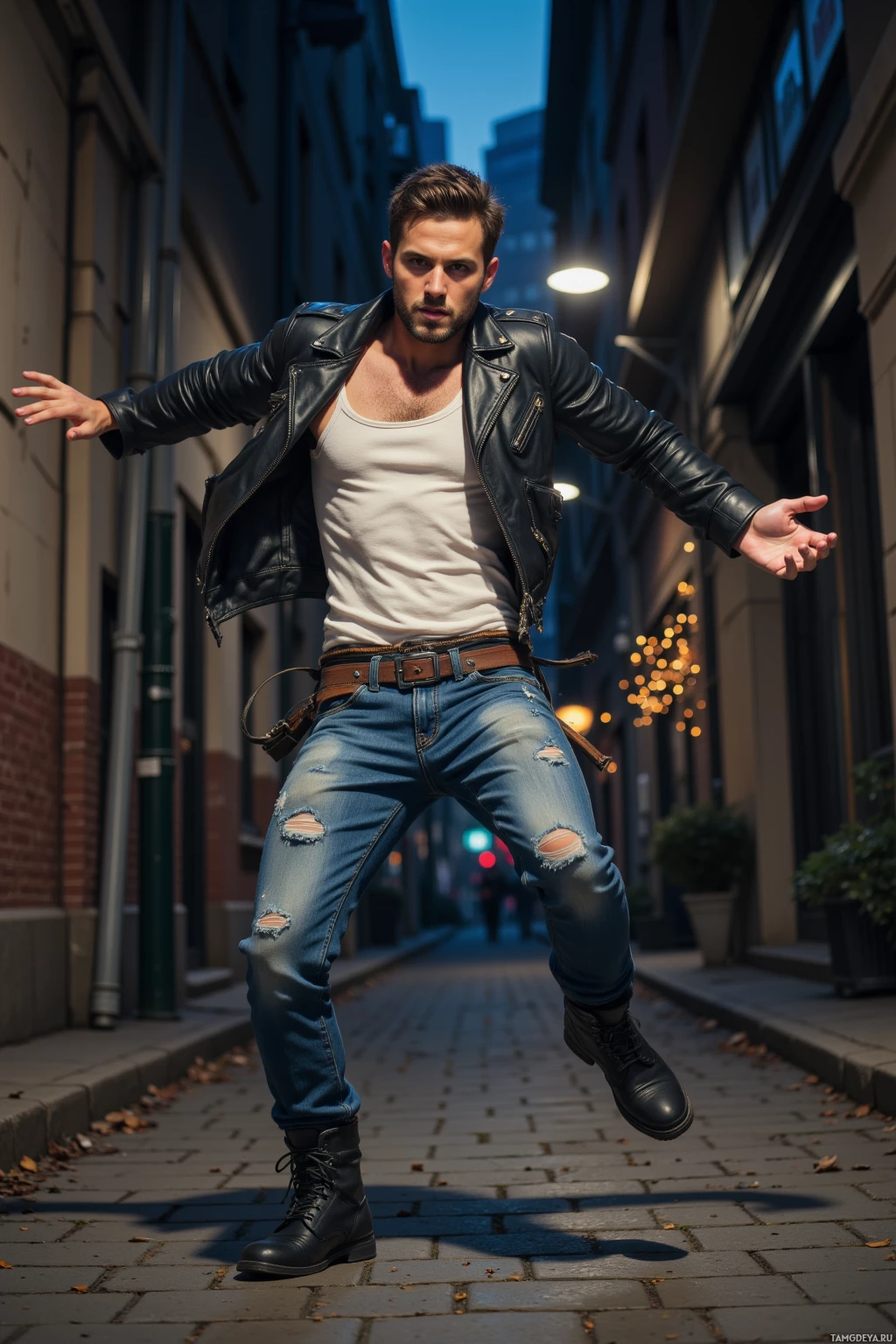 A man in a leather jacket and ripped jeans poses dynamically on a city street at dusk.