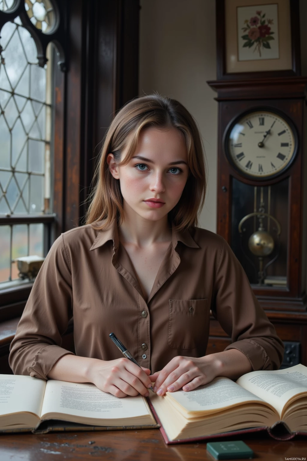 A young woman sits at a desk with an open book, holding a pen, in a room with a clock and a window.