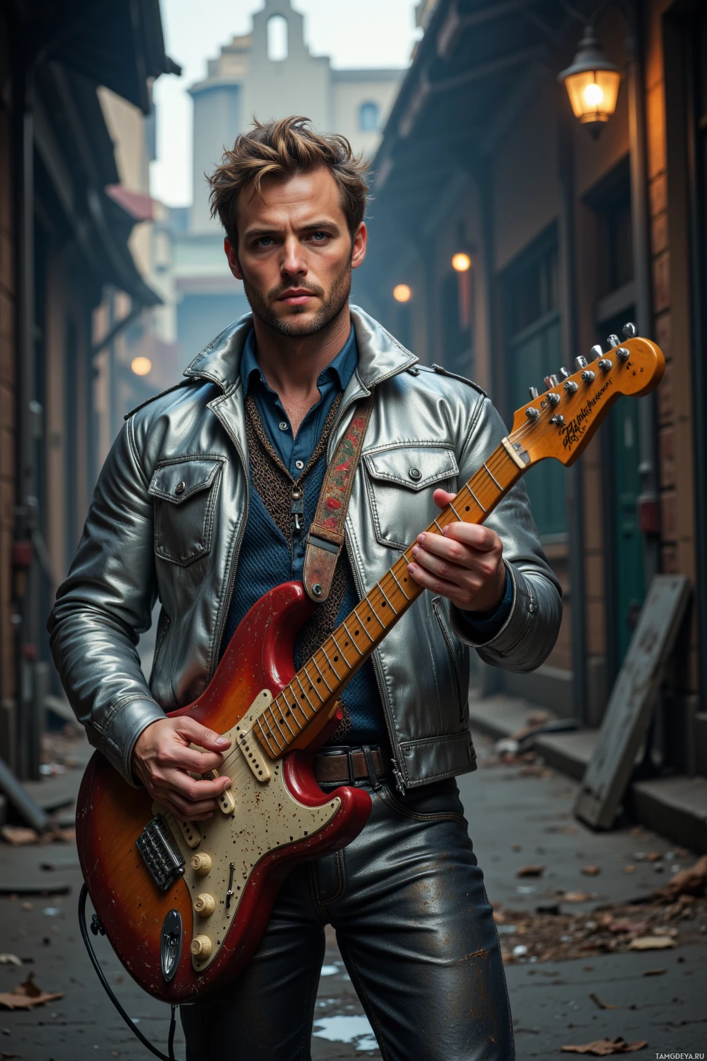 A man in a leather jacket holds a red electric guitar in an alleyway.