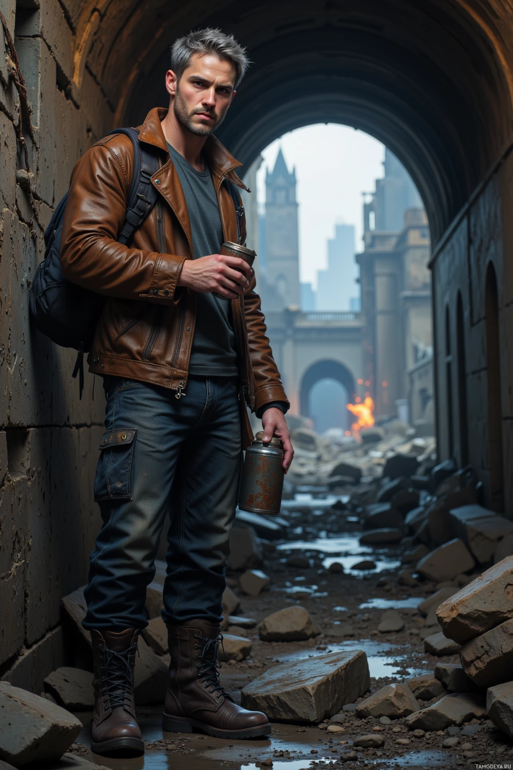 A man in a leather jacket and boots stands in a dilapidated tunnel holding a canister.