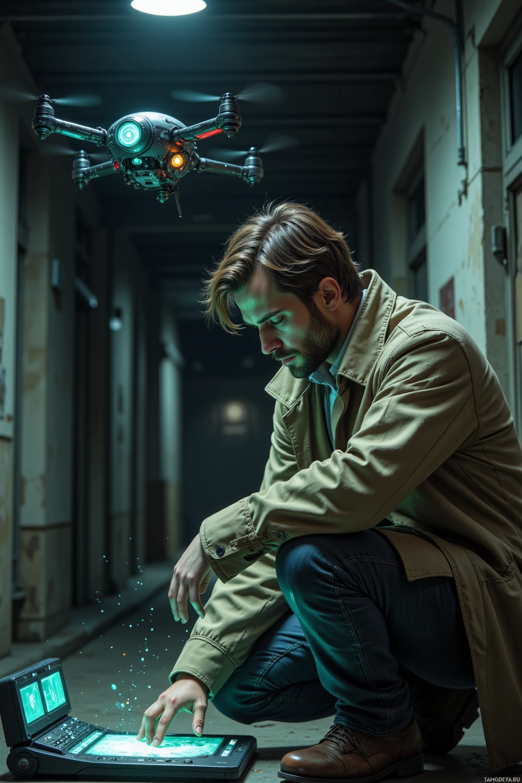A man crouches in a dimly lit corridor, interacting with a futuristic device on the ground.