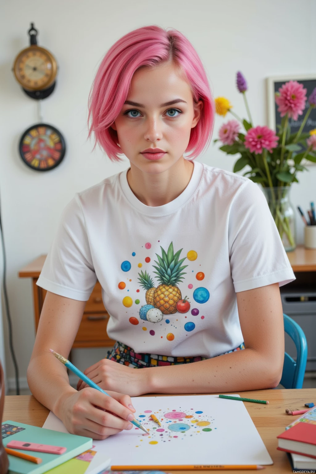 A person with pink hair sits at a desk, holding a pencil and working on a colorful drawing.
