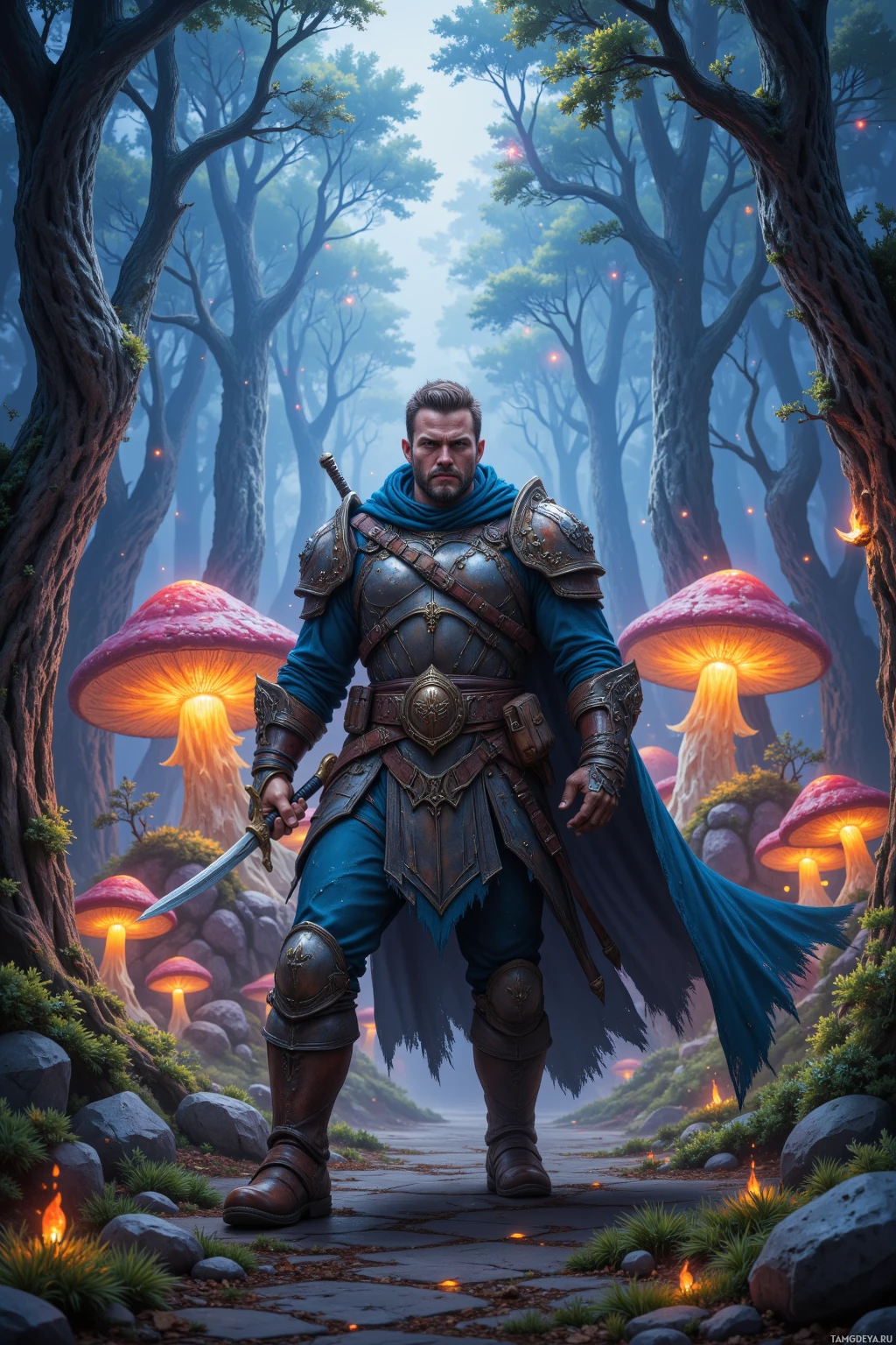 A knight in armor stands in a mystical forest with glowing mushrooms.