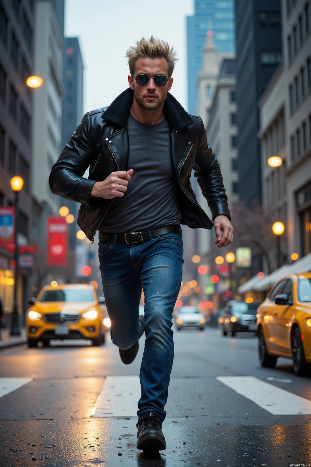 A man in a leather jacket and jeans walks down a city street at dusk.