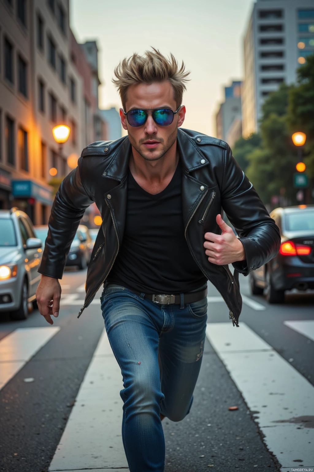 A man in a leather jacket and jeans walks confidently down a city street.