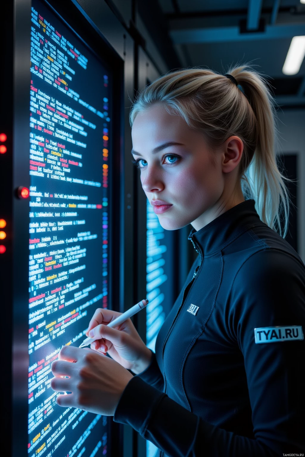 A person in a dark uniform interacts with a large screen displaying code.