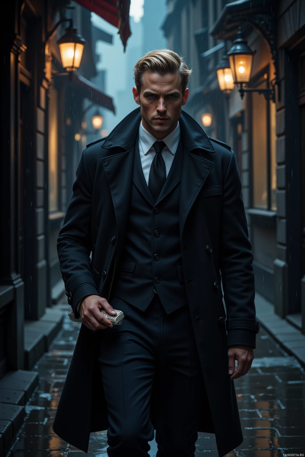 A man in a black coat and suit stands on a rainy street with lanterns.