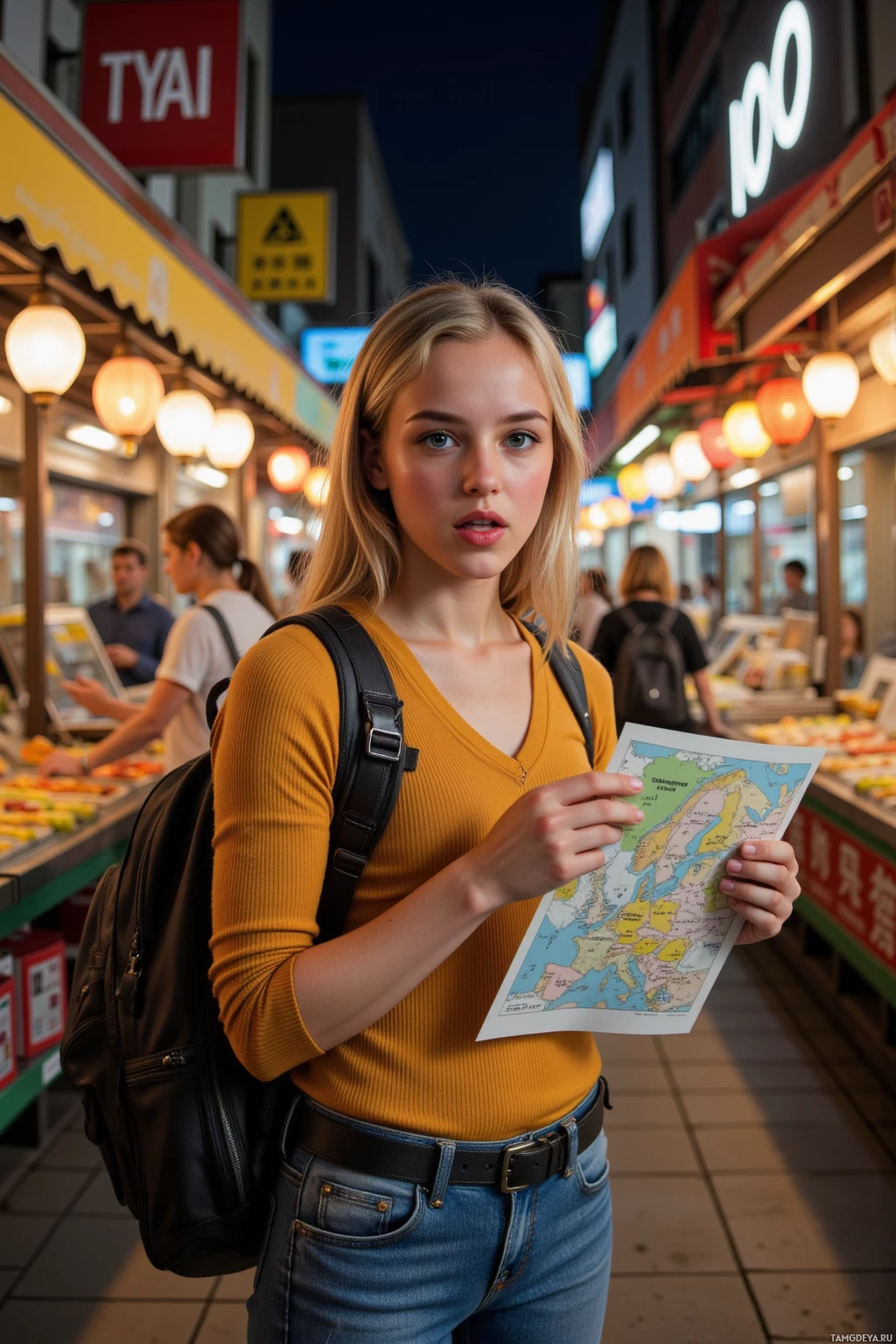 A young woman with a backpack holds a map in a bustling outdoor market at night.