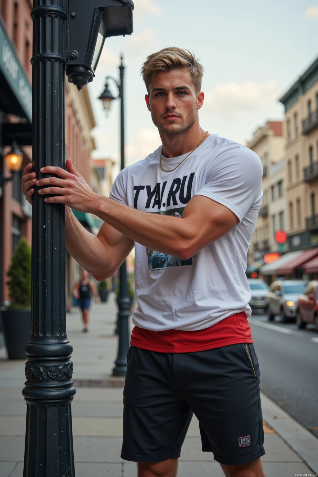 A man stands on a city sidewalk, leaning against a lamp post, wearing a white t-shirt and dark shorts.