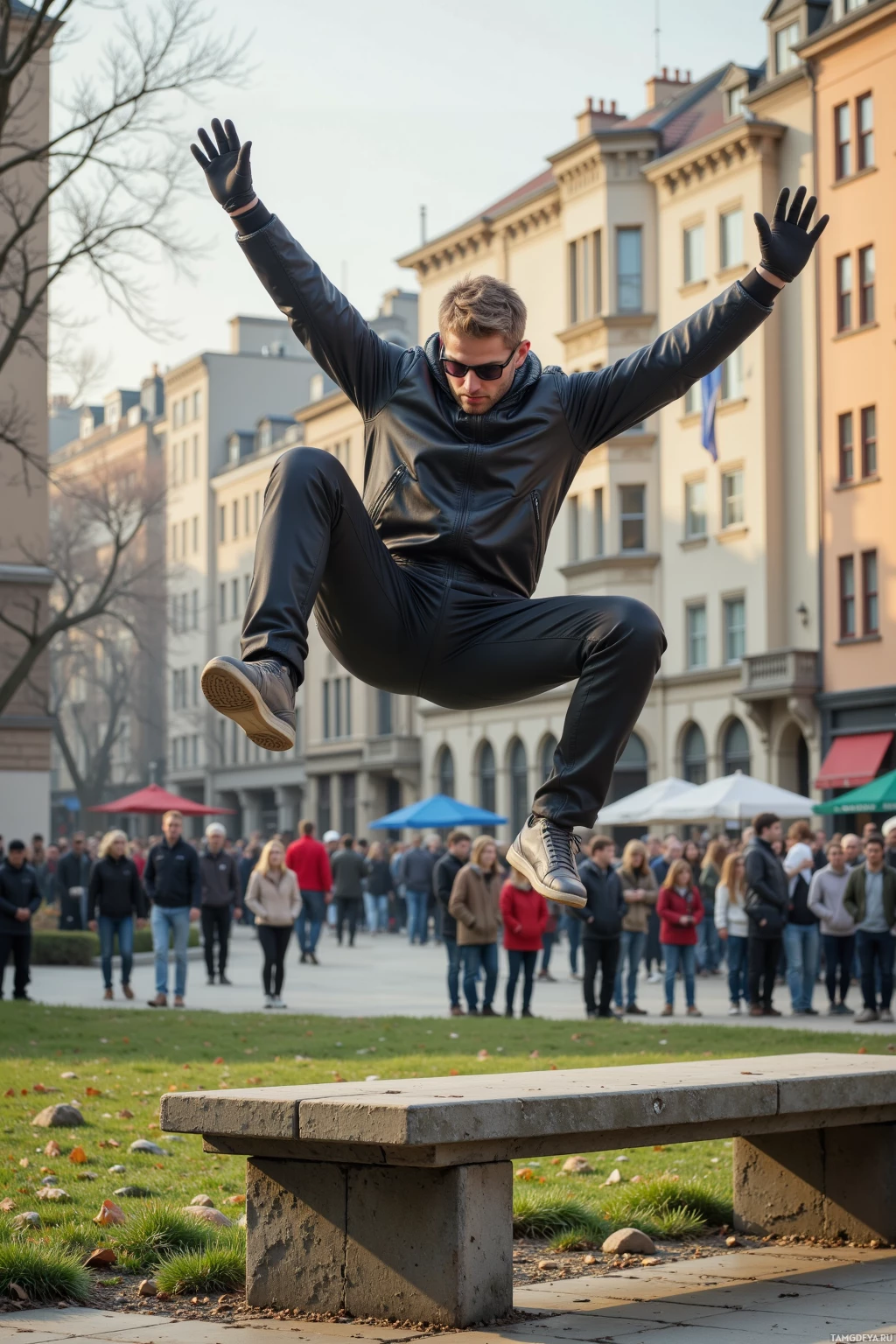 A person in a black leather outfit jumps mid-air in a public square with a crowd and buildings in the background.