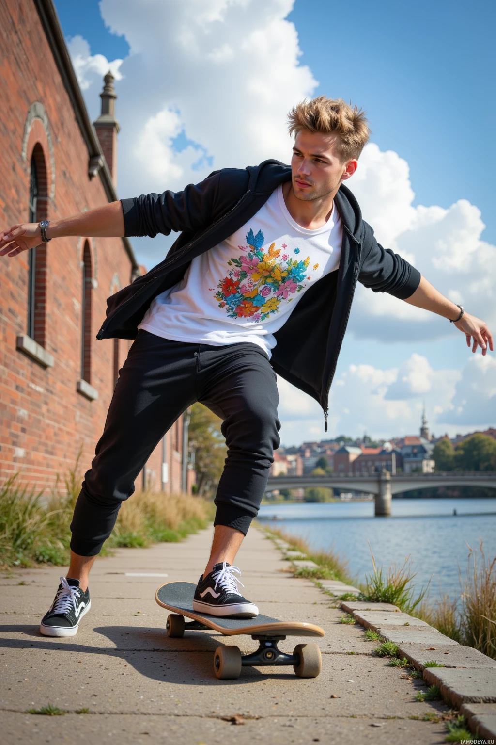 A person skateboarding along a riverside path under a bright blue sky.