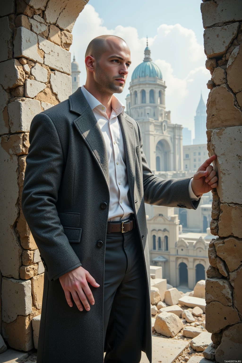 A man in a suit stands in front of a stone structure with a domed building in the background.