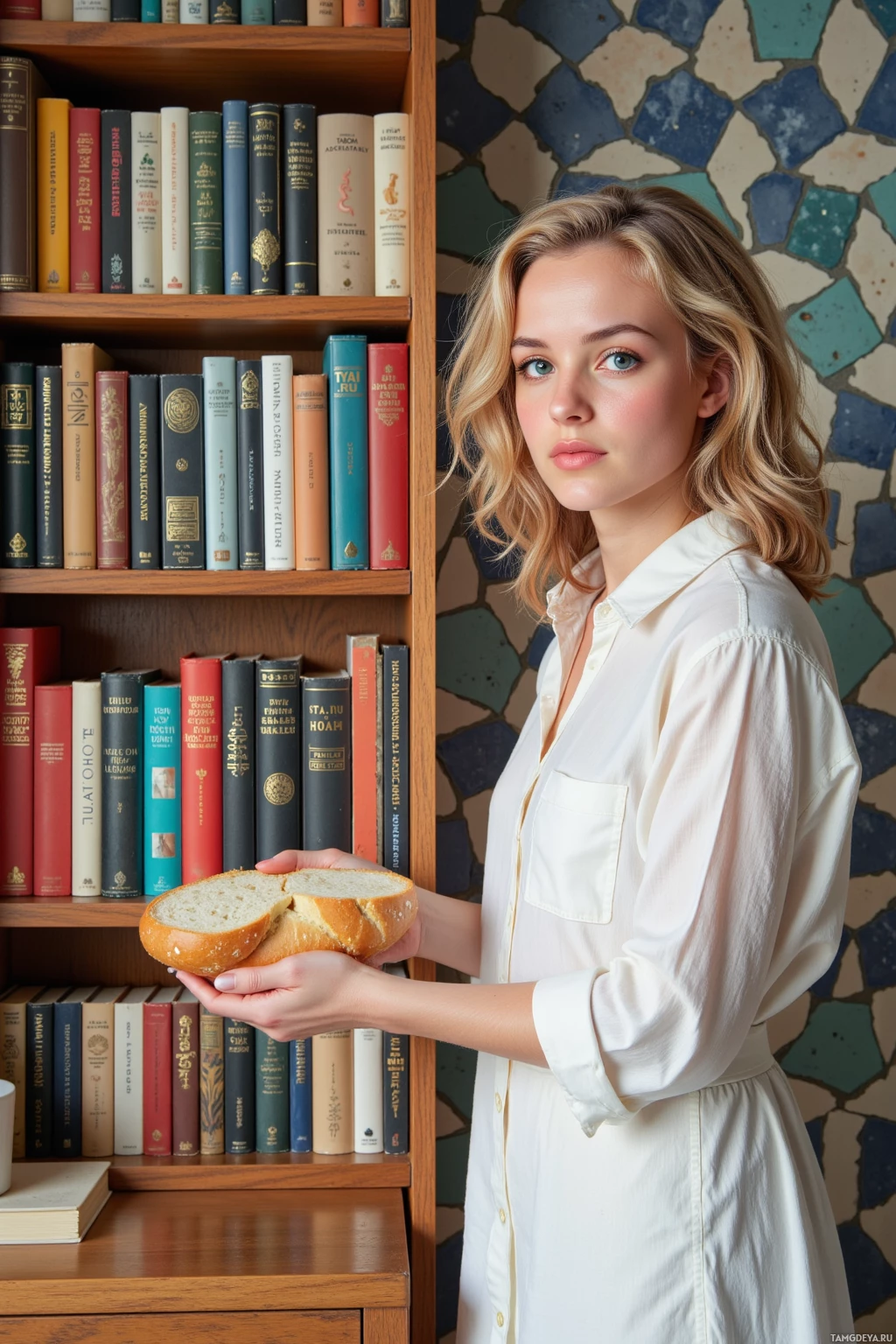 A woman in a white shirt holds a loaf of bread in front of a bookshelf.