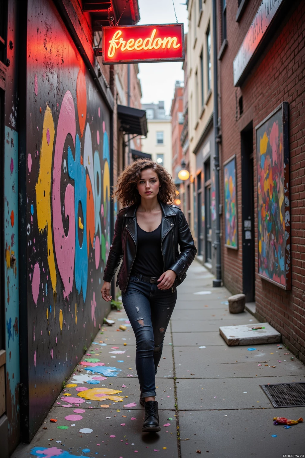 A woman walks down a narrow alleyway with colorful graffiti and a neon sign reading "freedom.