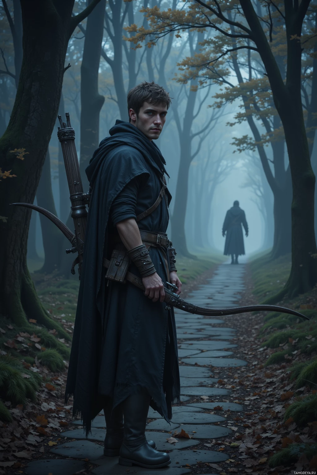 A man in dark clothing stands on a stone path in a misty forest, holding a bow and arrow.
