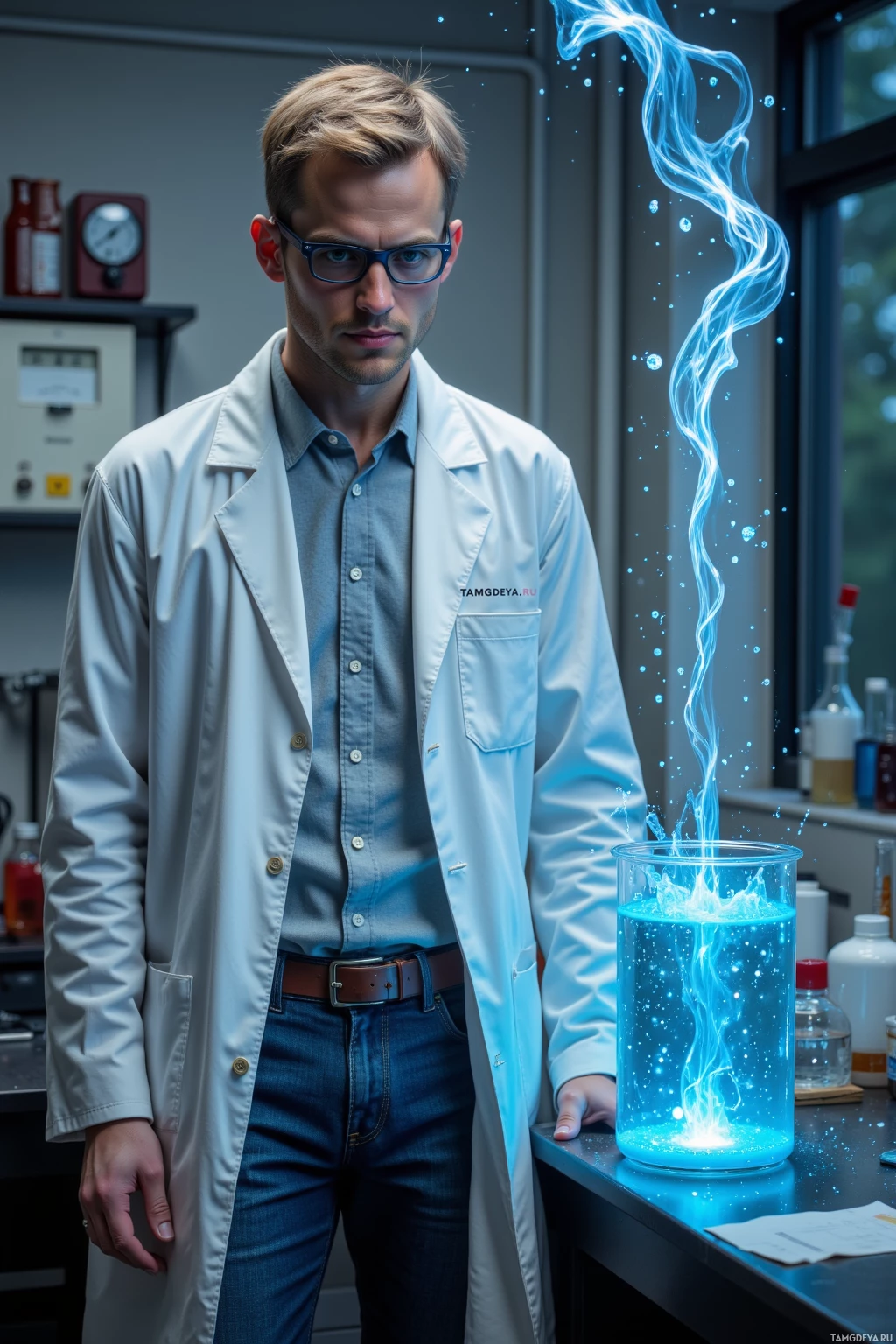 A scientist in a lab coat stands beside a glowing blue liquid in a beaker.