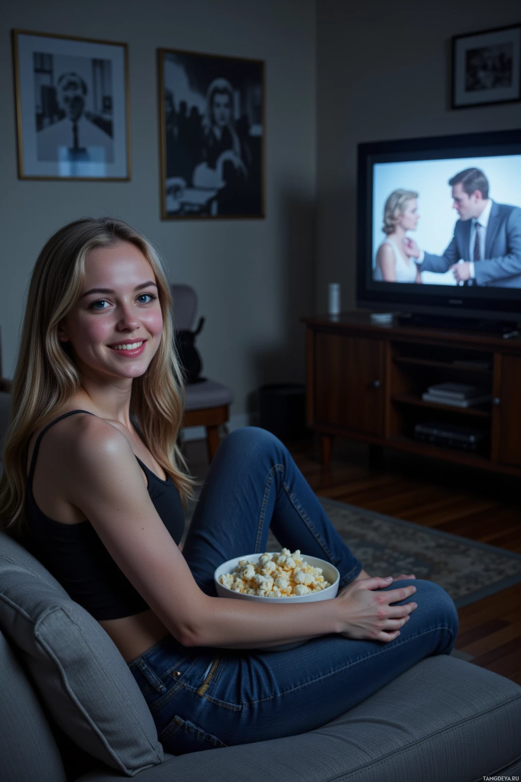 A young woman sits on a couch holding a bowl of popcorn, watching TV.