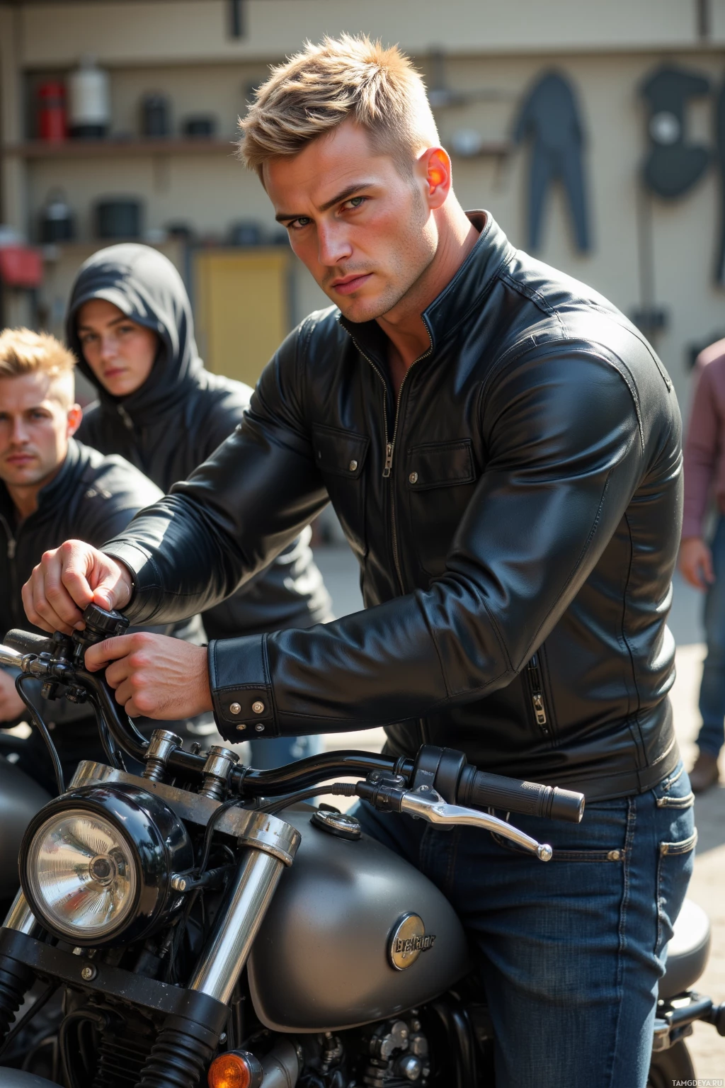 A man in a leather jacket sits on a motorcycle, with another person in the background.