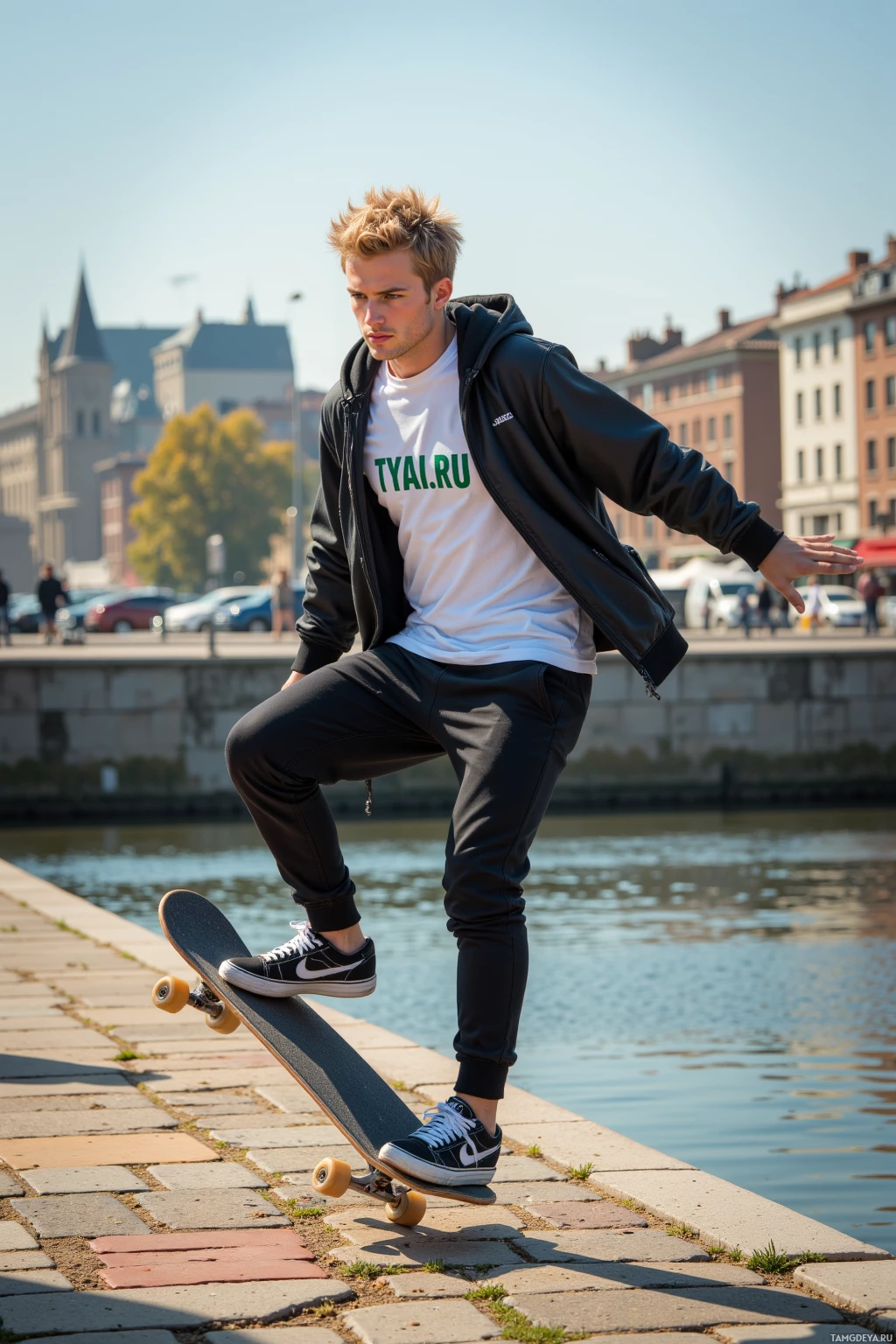 A person skateboarding along a riverside path in an urban setting.