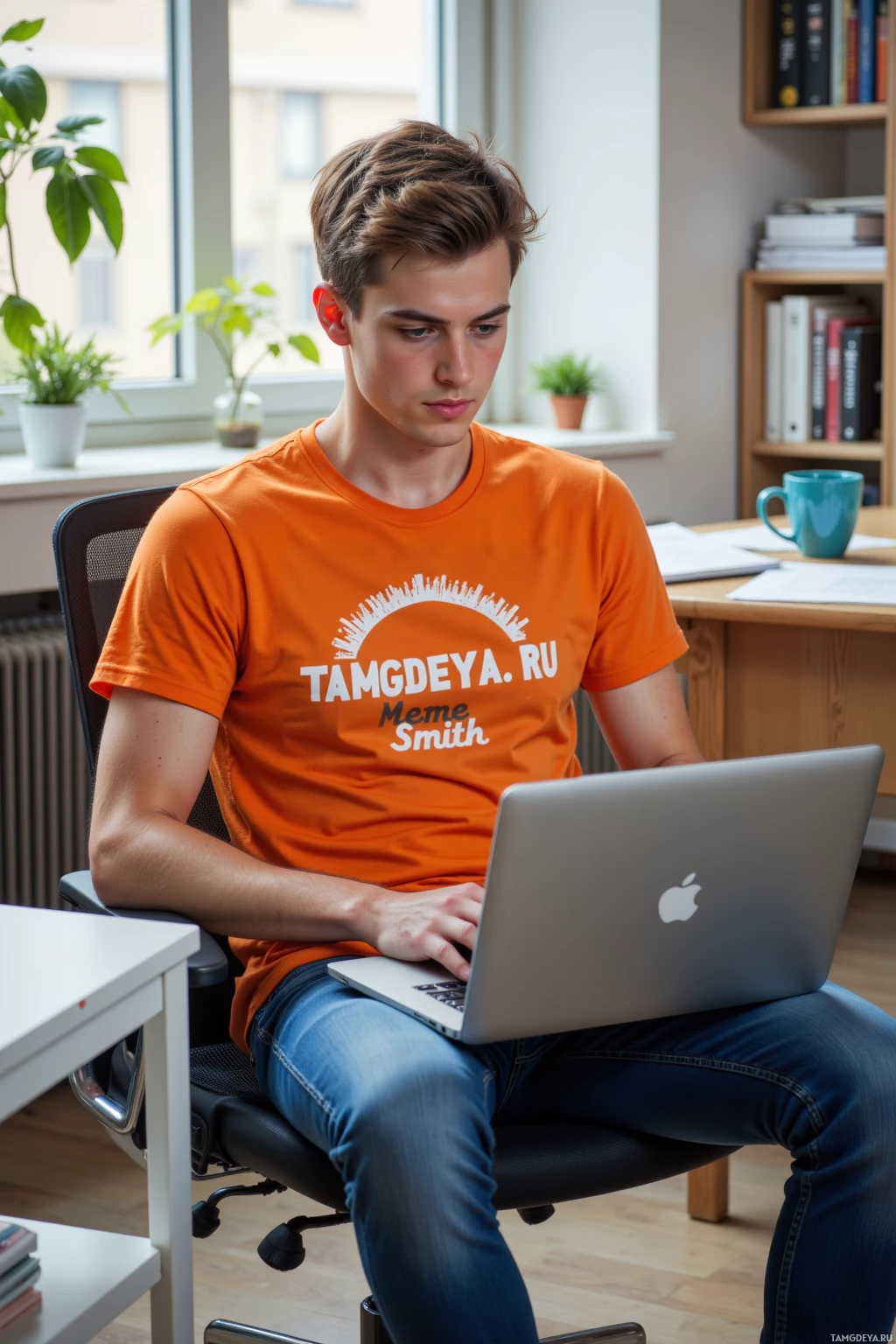 A person in an orange t-shirt works on a laptop in a well-lit room with a bookshelf and plants.