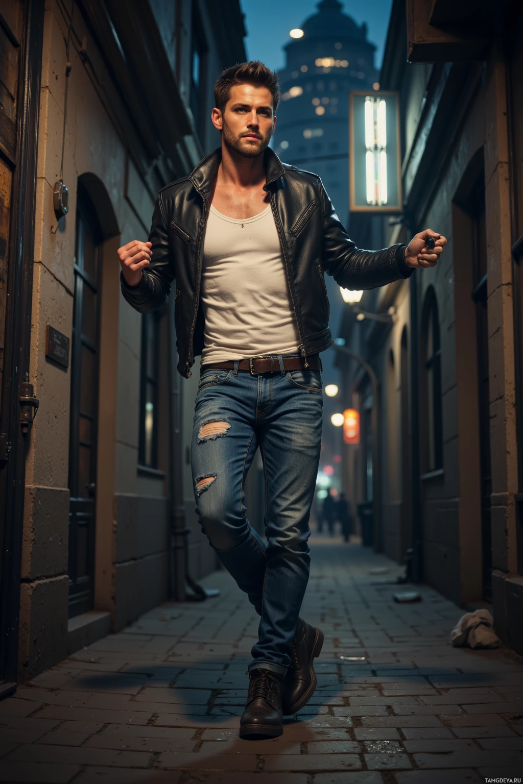 A man in a leather jacket and jeans walks down a dimly lit alleyway at night.
