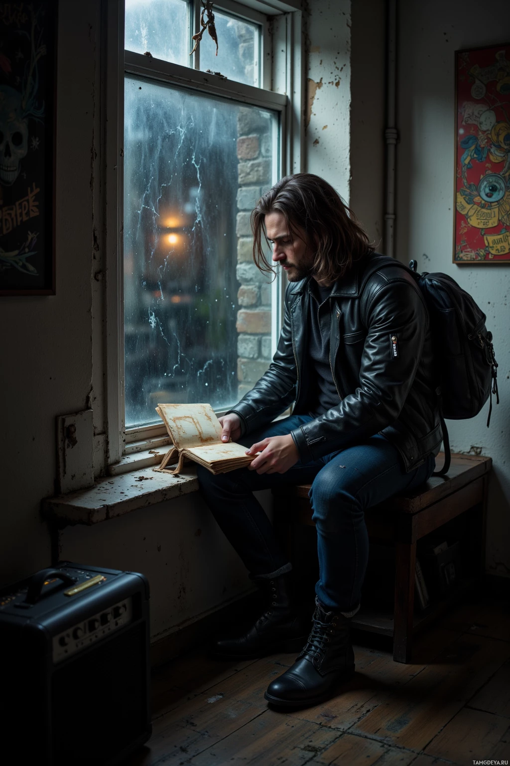 A man in a leather jacket sits by a window, reading a book.