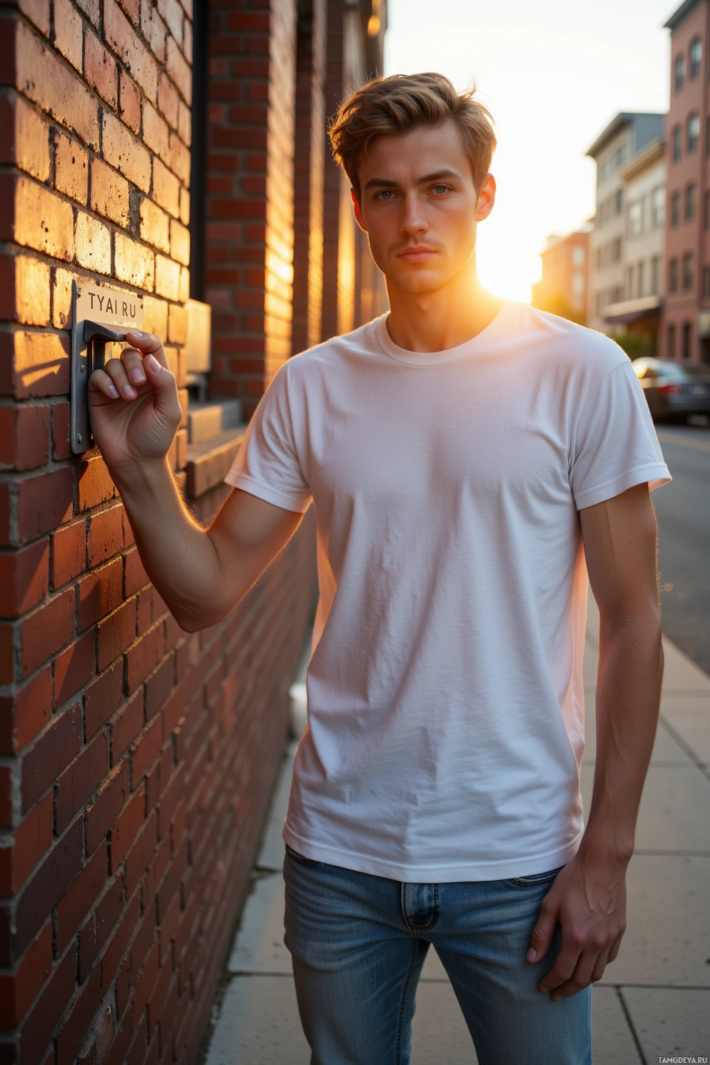 A young man in a white t-shirt and jeans stands against a brick wall, with sunlight casting a warm glow.