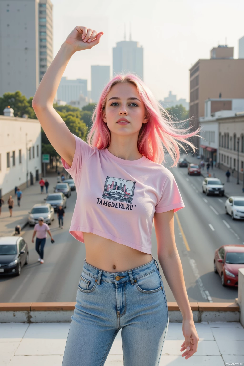 A person with pink hair raises their fist while standing on a rooftop overlooking a city street.