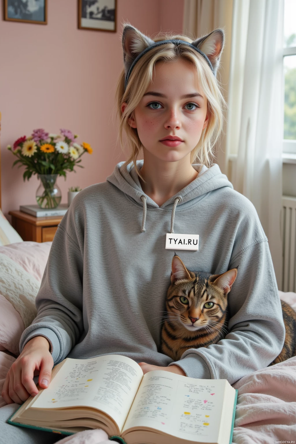 A young person wearing a hoodie with a cat design and a cat ear headband, holding an open book.