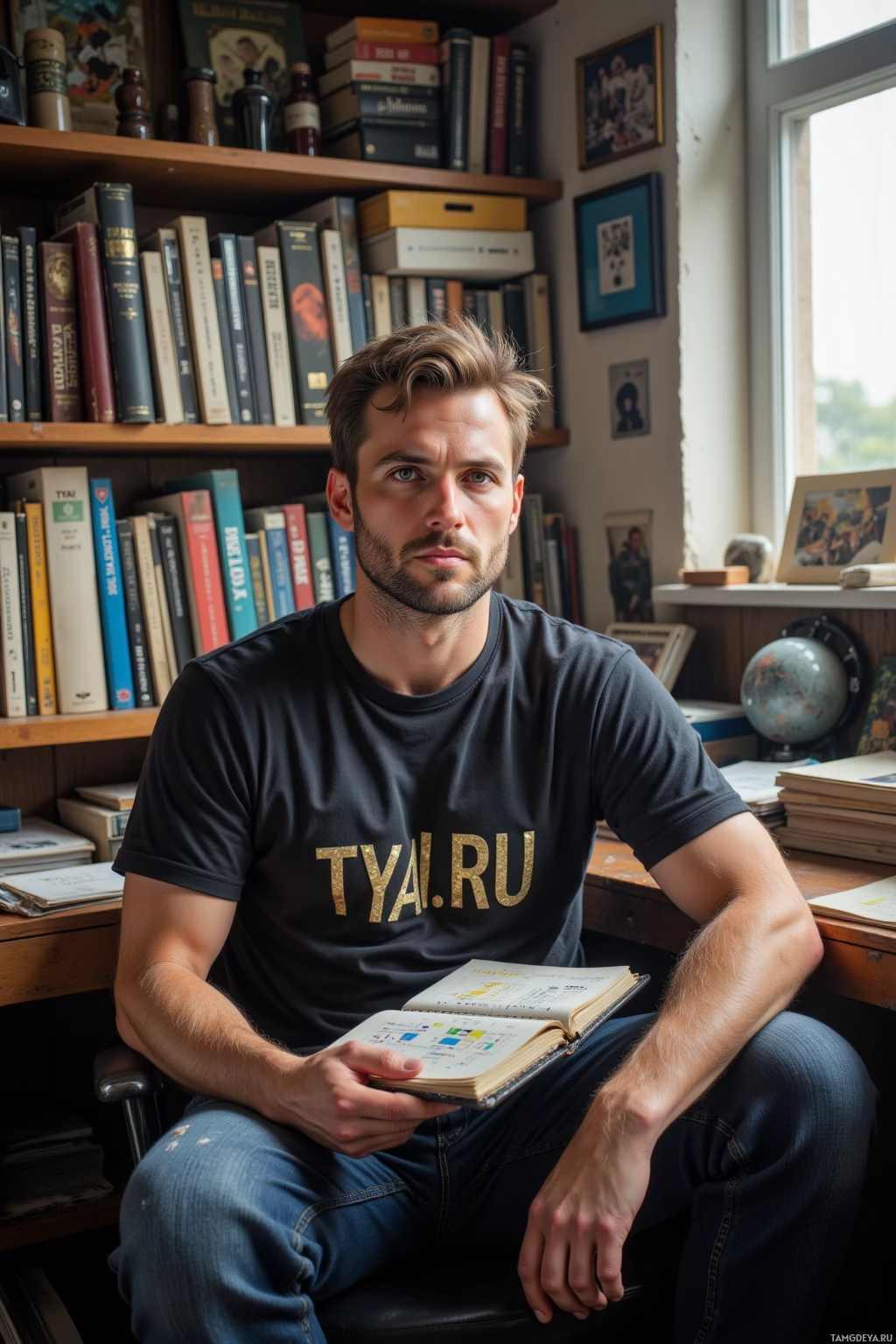 A man sits in a chair in a room filled with books, holding an open notebook.