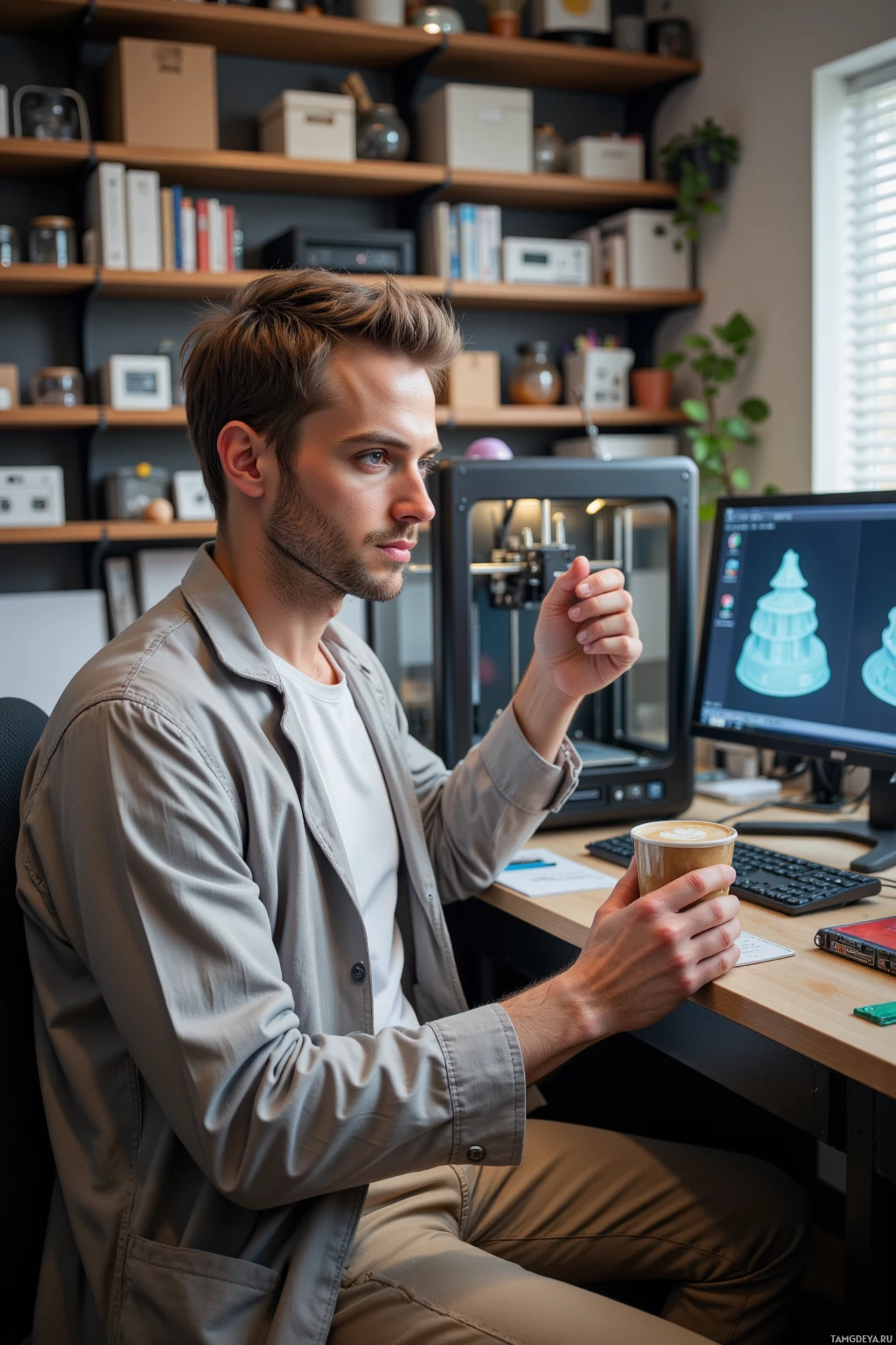 A man sits at a desk in a home office, holding a coffee cup and looking at a computer screen displaying a 3D model.