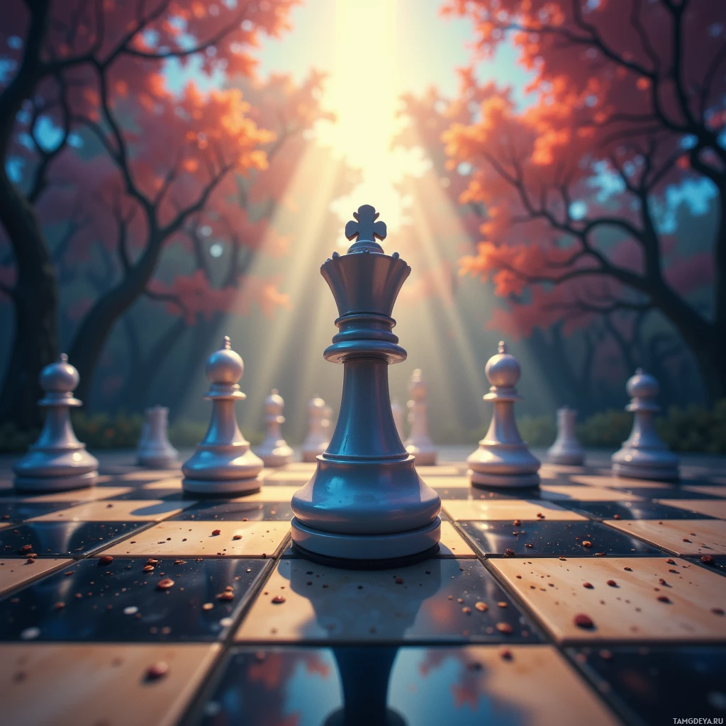 A chessboard with a king piece in the center, surrounded by pawns, set against a backdrop of a sunlit forest.