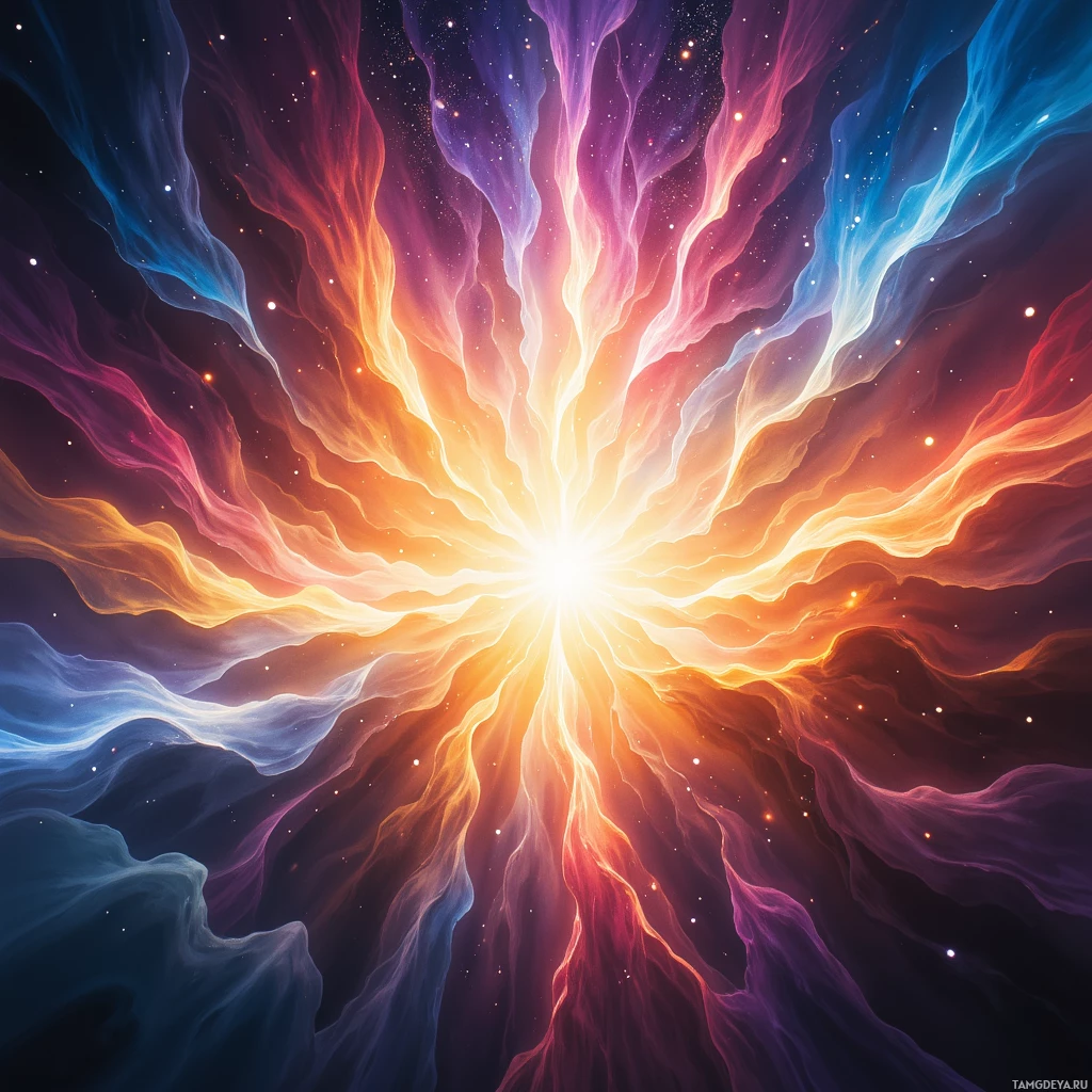 A vibrant cosmic explosion with swirling colors and star-like points.