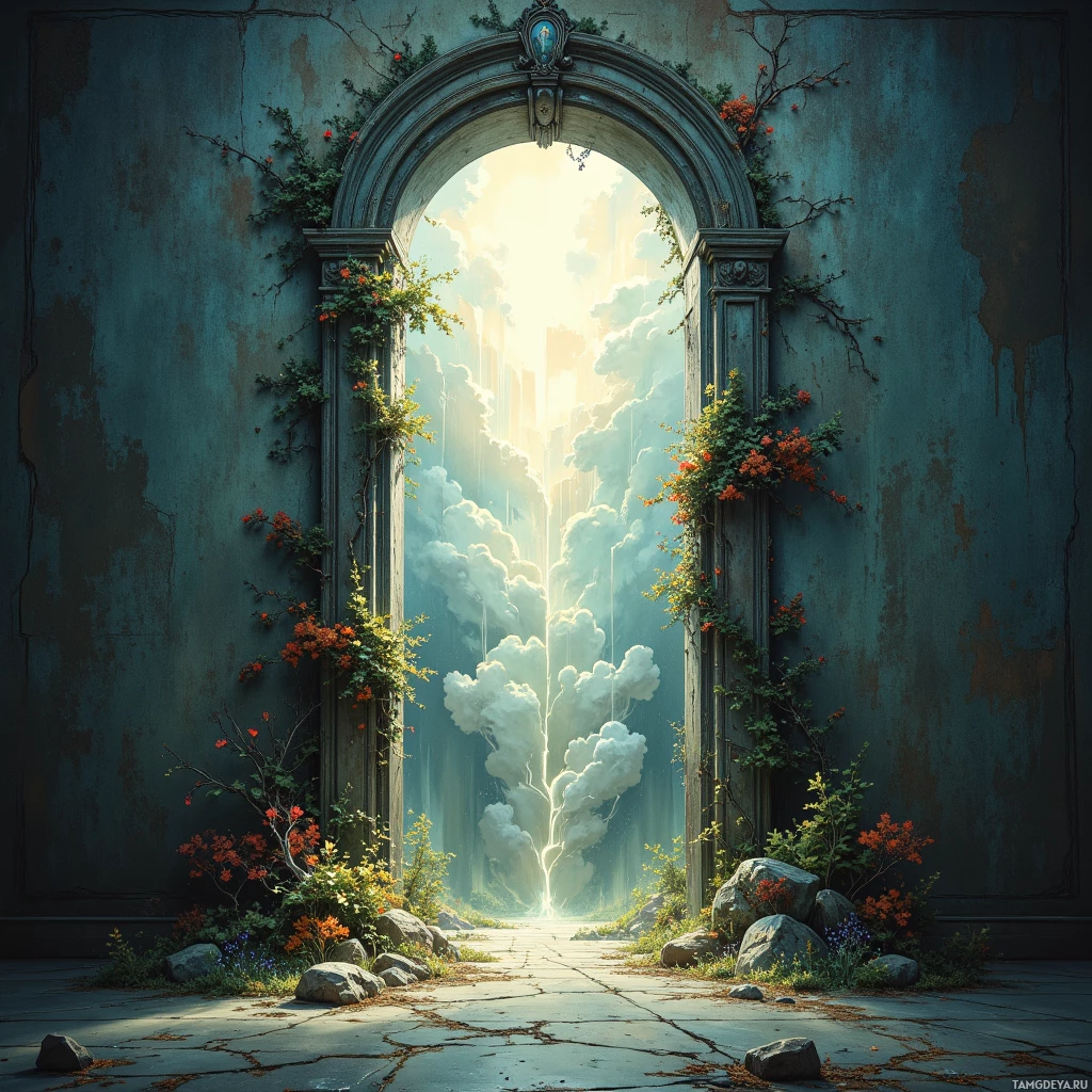 An ornate archway adorned with vines and flowers leads to a bright, ethereal sky.