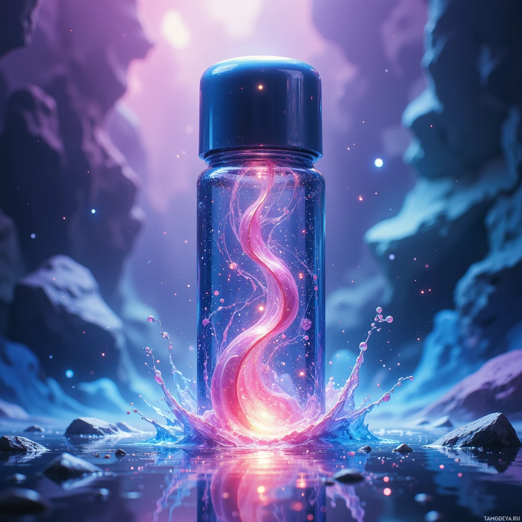 A glowing, magical bottle with a swirling pink and blue light spills onto a reflective surface.