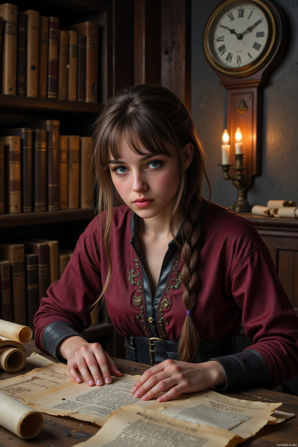 A young woman in a red blouse sits at a desk with an old document, surrounded by books and a clock.