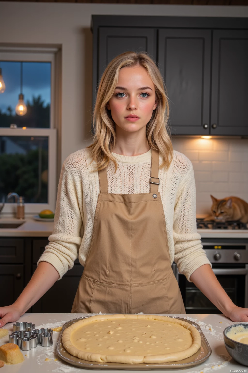 A person wearing an apron stands in a kitchen with a baking tray of dough and cookie cutters on the counter.