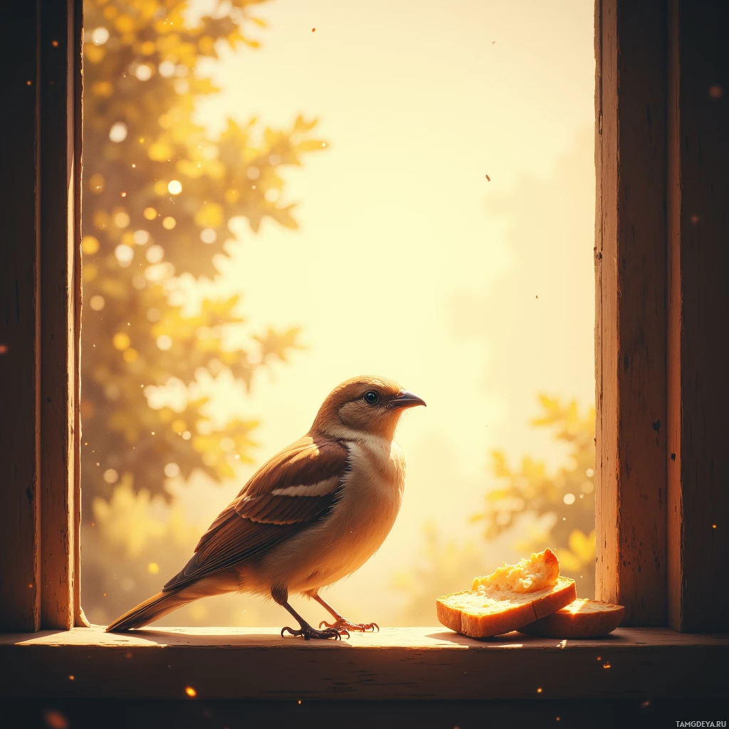 A bird perches on a windowsill with a slice of bread, bathed in golden sunlight.