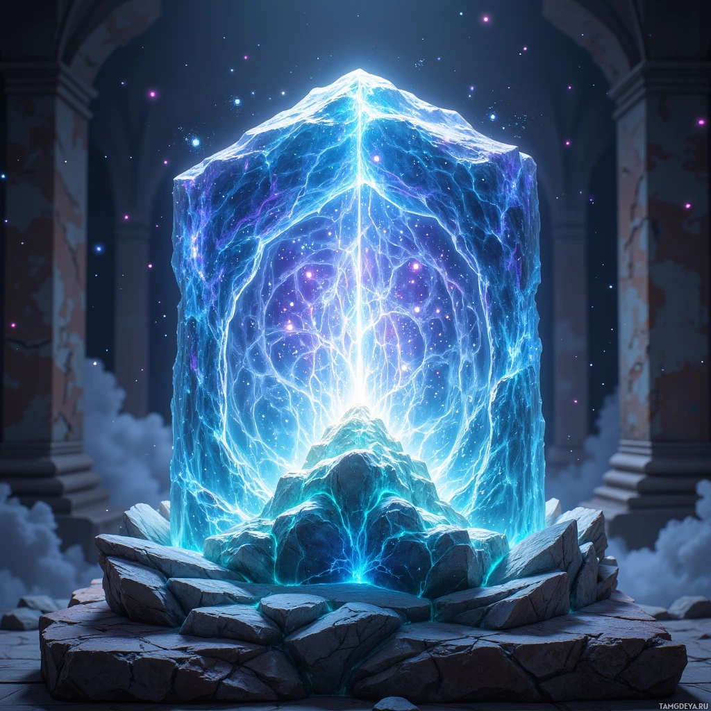 A glowing, ethereal rock formation with intricate blue and purple energy patterns, set against a dark, starry sky.